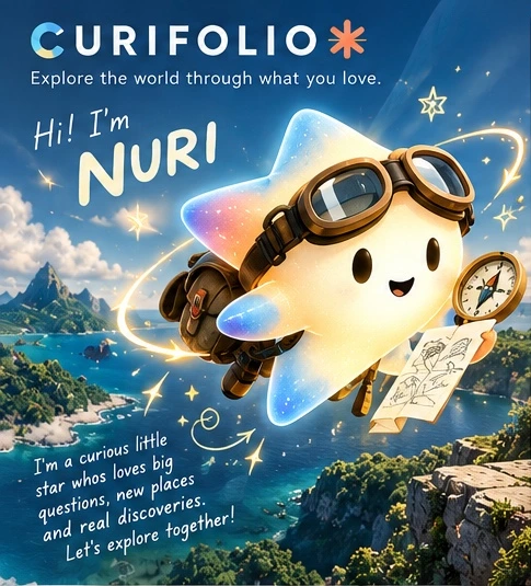 NURI, the original glowing 3D star explorer with goggles and backpack, in an adventurous landscape