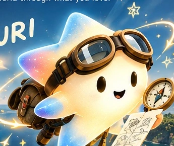 Original 3D NURI character reference: a glowing little star with explorer goggles and a backpack